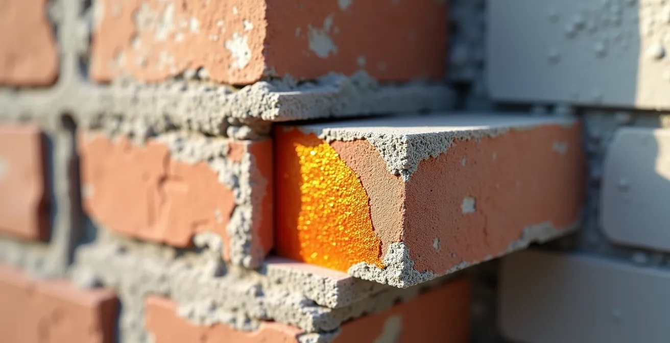 Détail macro en coupe de la structure murale montrant la rupture d'isolation et le pont thermique à la jonction fenêtre-mur