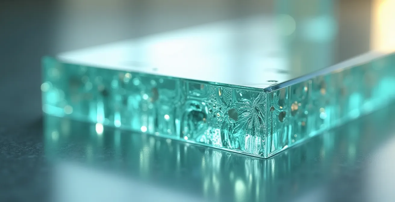 Vue macro en gros plan montrant les couches de vitrage multicouches avec les différents verres feuilletés et l'intercalaire