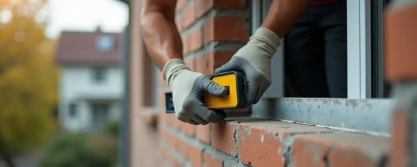 Expert qualifié analysant les détails structurels autour d'une fenêtre avec outils de mesure spécialisés