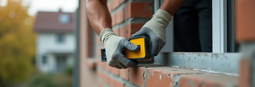 Expert qualifié analysant les détails structurels autour d'une fenêtre avec outils de mesure spécialisés