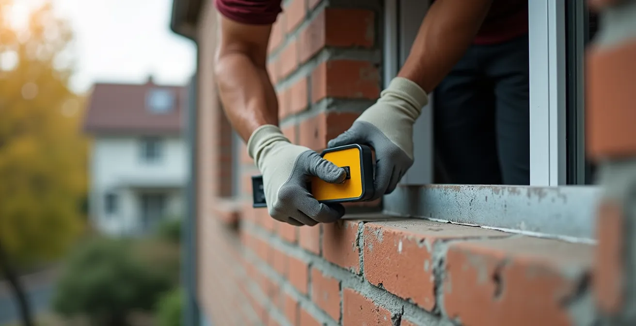 Expert qualifié analysant les détails structurels autour d'une fenêtre avec outils de mesure spécialisés