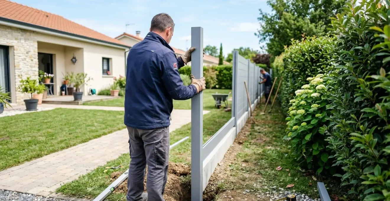 Un artisan vu de dos installe un poteau de clôture en aluminium dans un jardin résidentiel contemporain sous une lumière naturelle