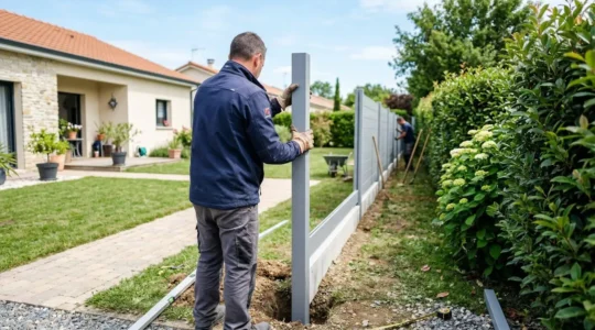 Un artisan vu de dos installe un poteau de clôture en aluminium dans un jardin résidentiel contemporain sous une lumière naturelle