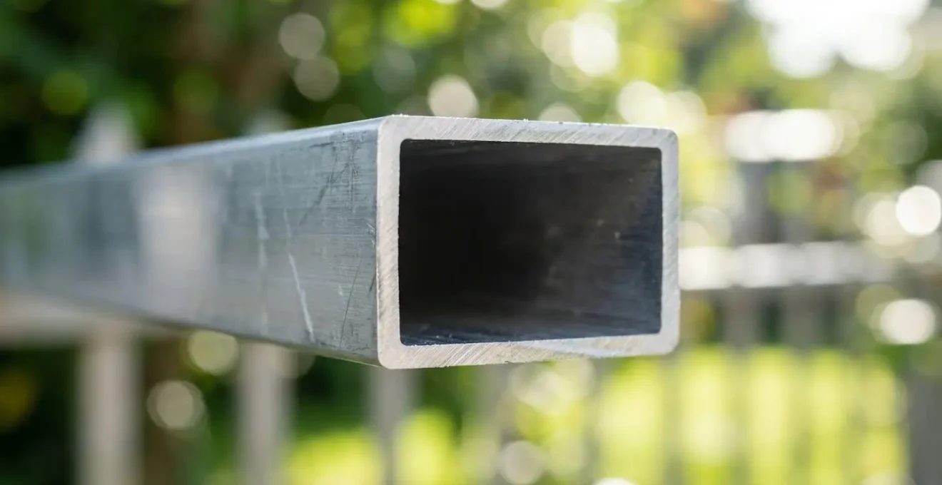 Gros plan en macro photographie sur la section transversale d'un poteau de clôture en aluminium montrant l'épaisseur de paroi et la texture métallique