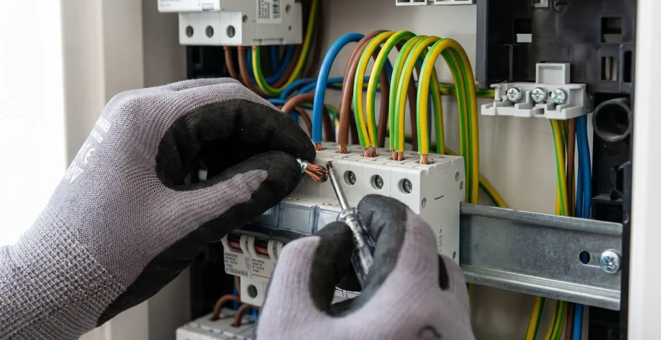 Gros plan sur les mains gantées d'un électricien en train de connecter des fils électriques de couleur bleu, marron et vert-jaune aux bornes d'un disjoncteur moderne