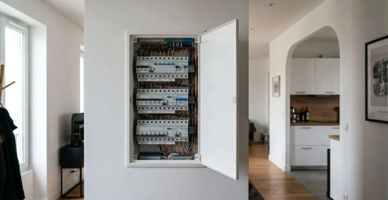 Tableau électrique résidentiel français moderne ouvert montrant plusieurs rangées de disjoncteurs divisionnaires et un interrupteur différentiel, dans un intérieur contemporain lumineux