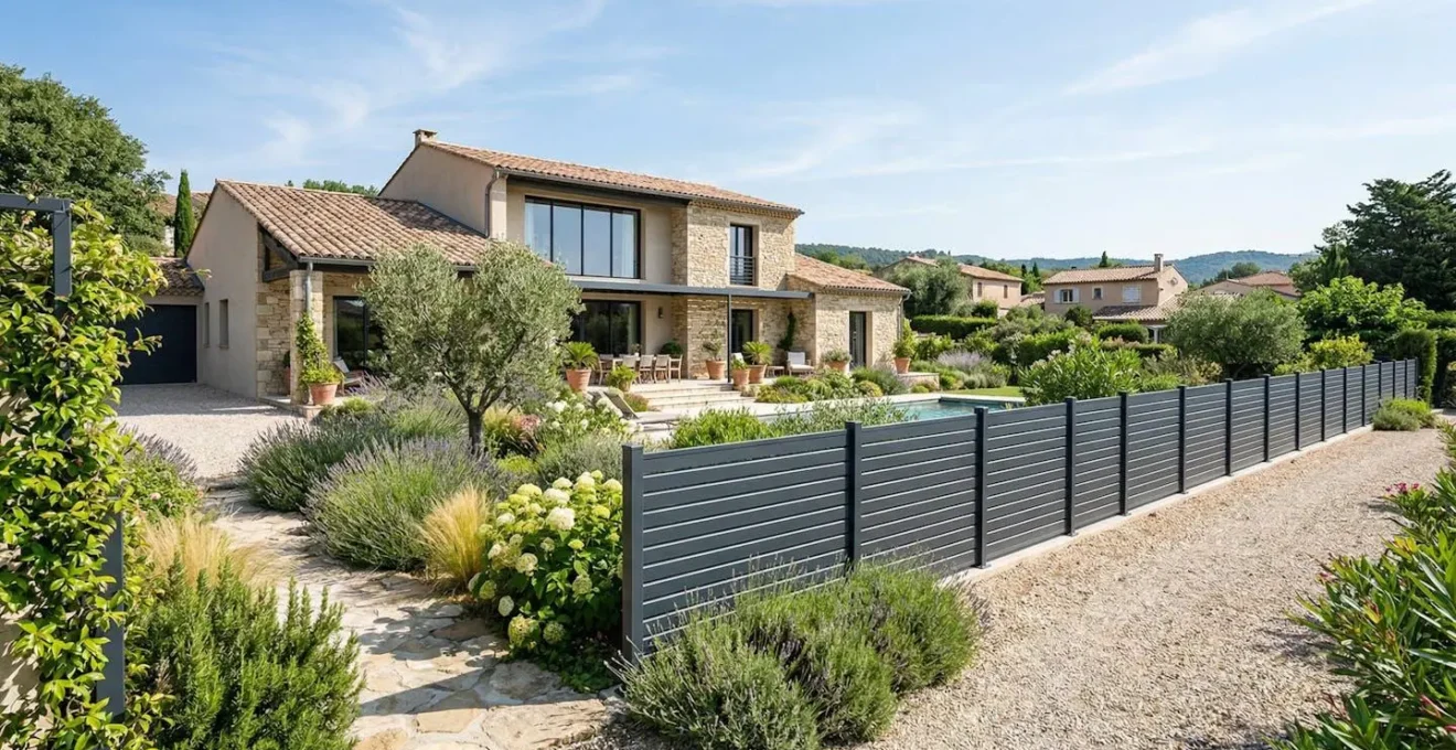 Vue grand angle d'une clôture en aluminium moderne installée dans un jardin résidentiel contemporain français, montrant un espacement régulier des poteaux