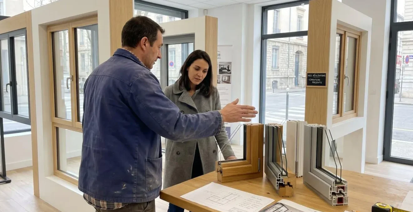 Artisan menuisier conseillant un client sur des échantillons de fenêtres dans un showroom professionnel