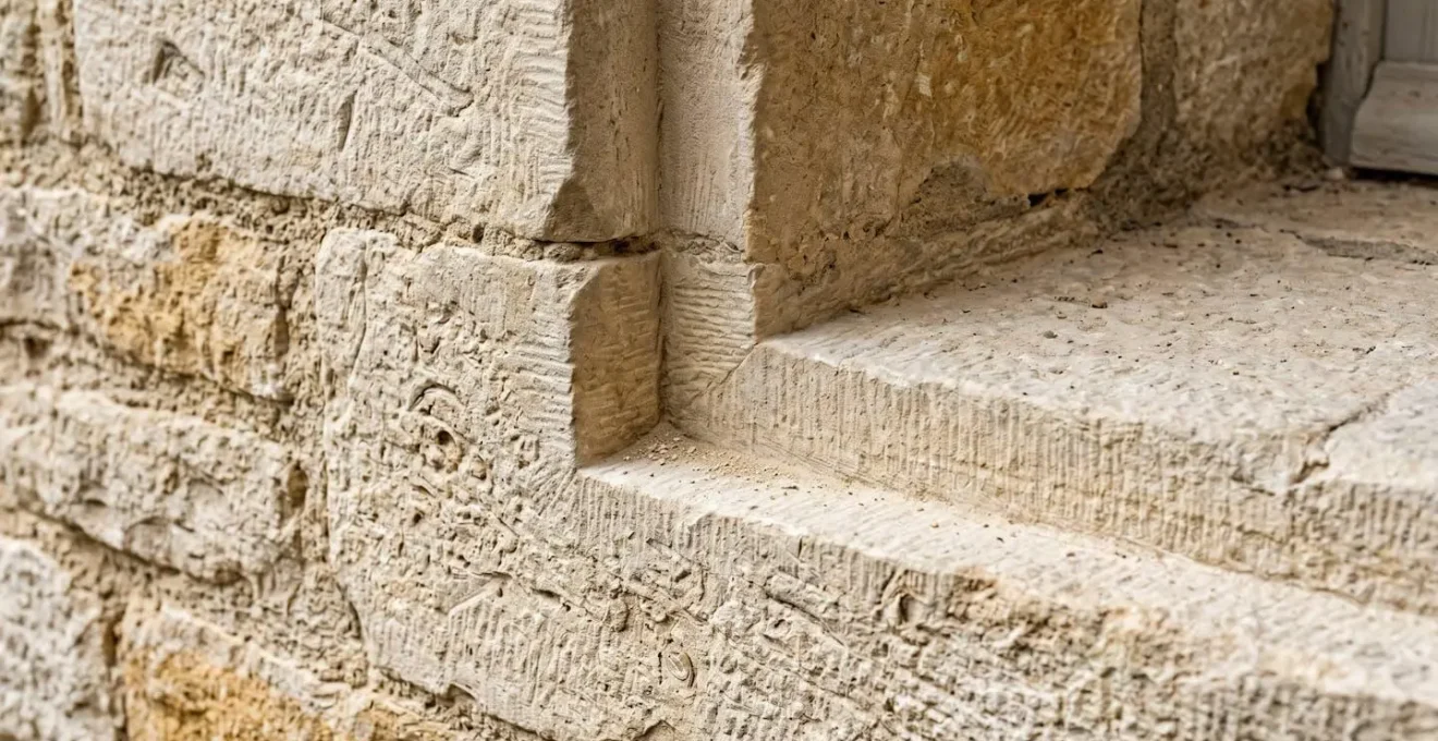 Détail de la rainure (feuillure) taillée dans un mur en pierre pour l'installation d'une fenêtre