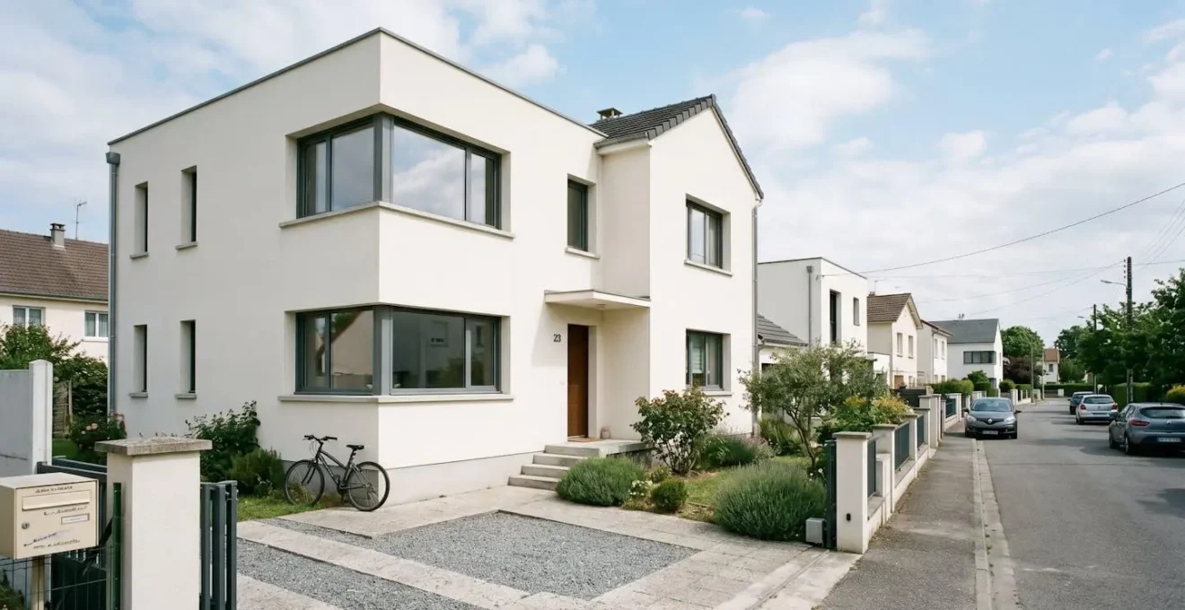 Façade extérieure d'une maison contemporaine française avec fenêtres en pose en applique affleurantes au mur