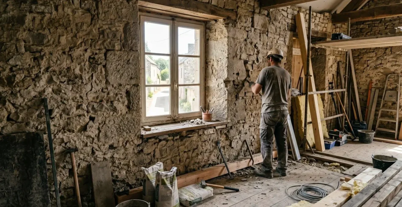 Ouverture de fenêtre dans un mur en pierre épais lors de travaux de rénovation dans une maison ancienne française