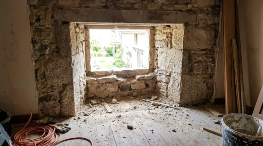 Ouverture de fenêtre dans un mur en pierre épais lors de travaux de rénovation dans une maison ancienne française