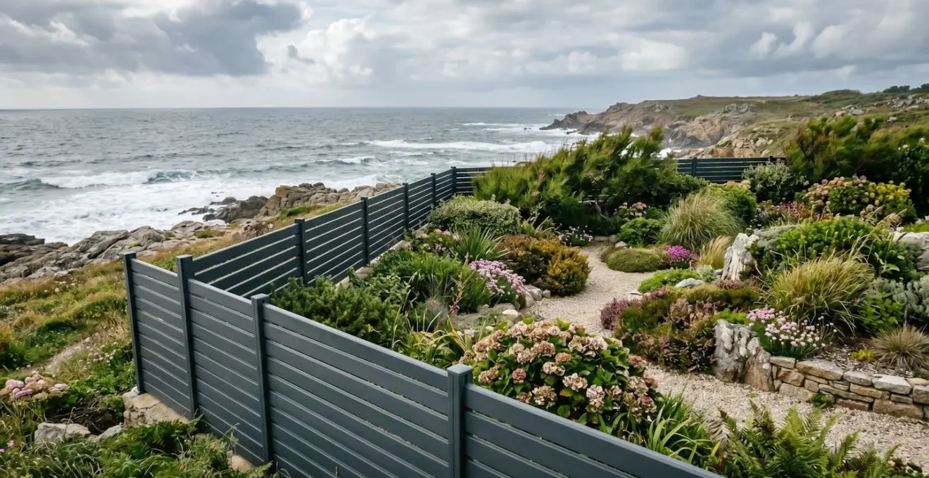 Clôture en aluminium gris anthracite délimitant un jardin en bord de mer, végétation bretonne en arrière-plan