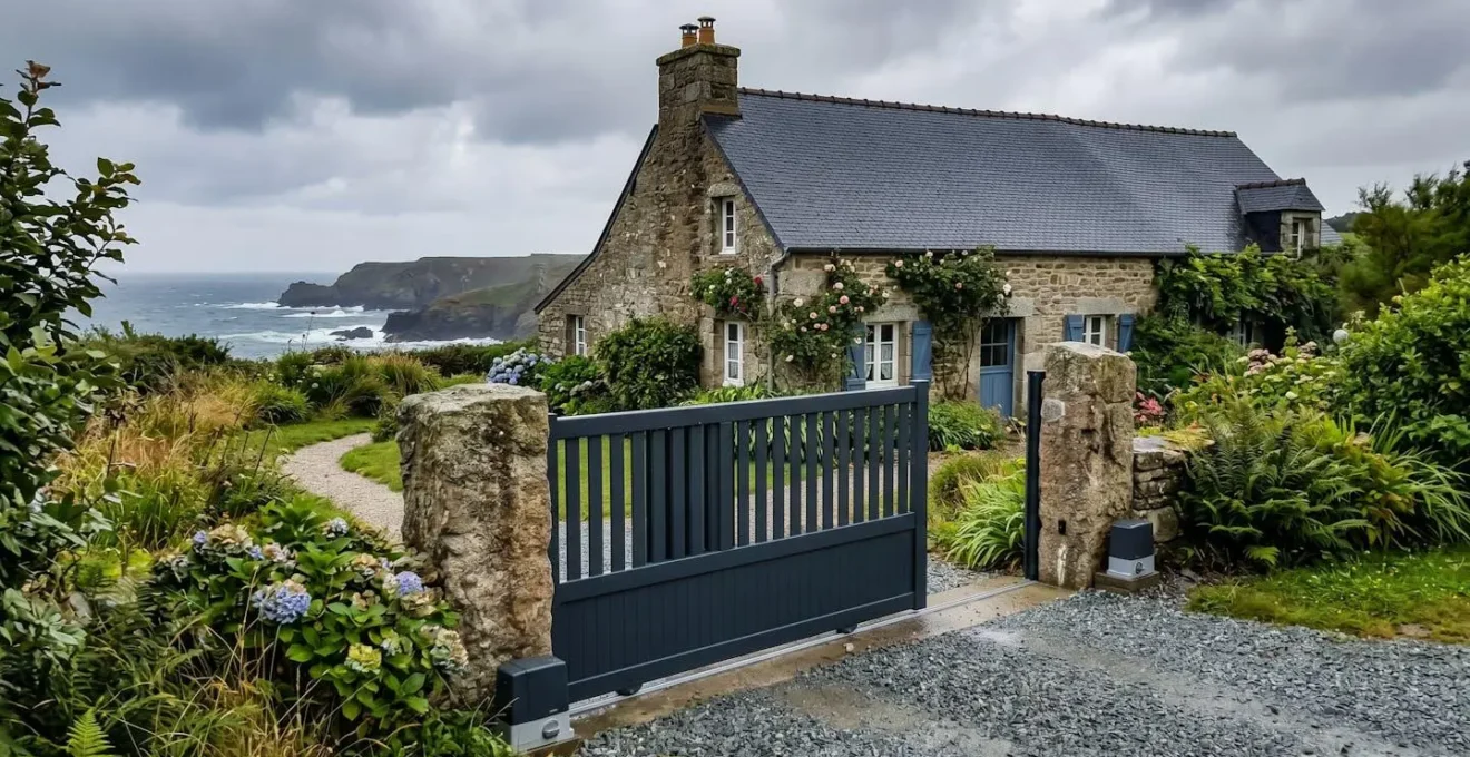 Portail motorisé en aluminium devant une maison individuelle en bord de mer, ciel nuageux