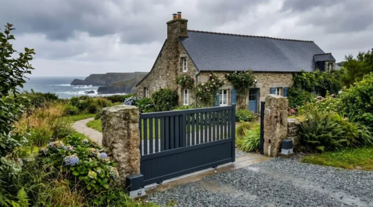 Portail motorisé en aluminium devant une maison individuelle en bord de mer, ciel nuageux
