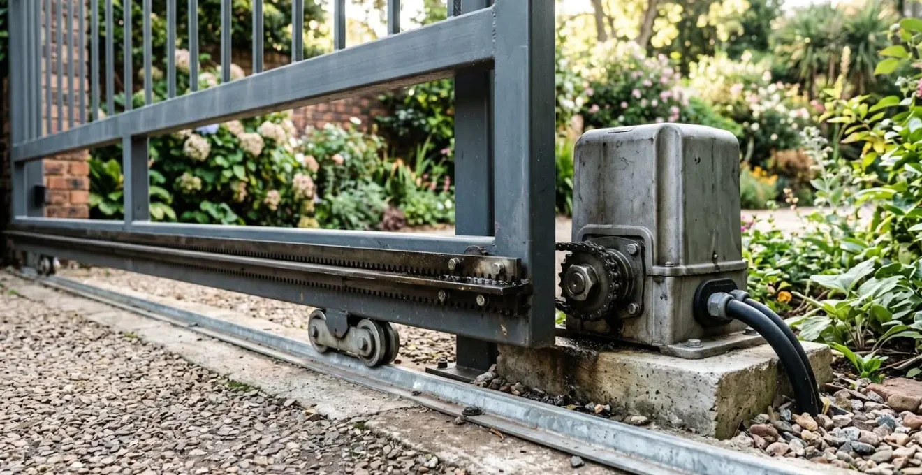 Gros plan sur un automatisme de portail coulissant motorisé, rail et moteur visible, fond de jardin flou