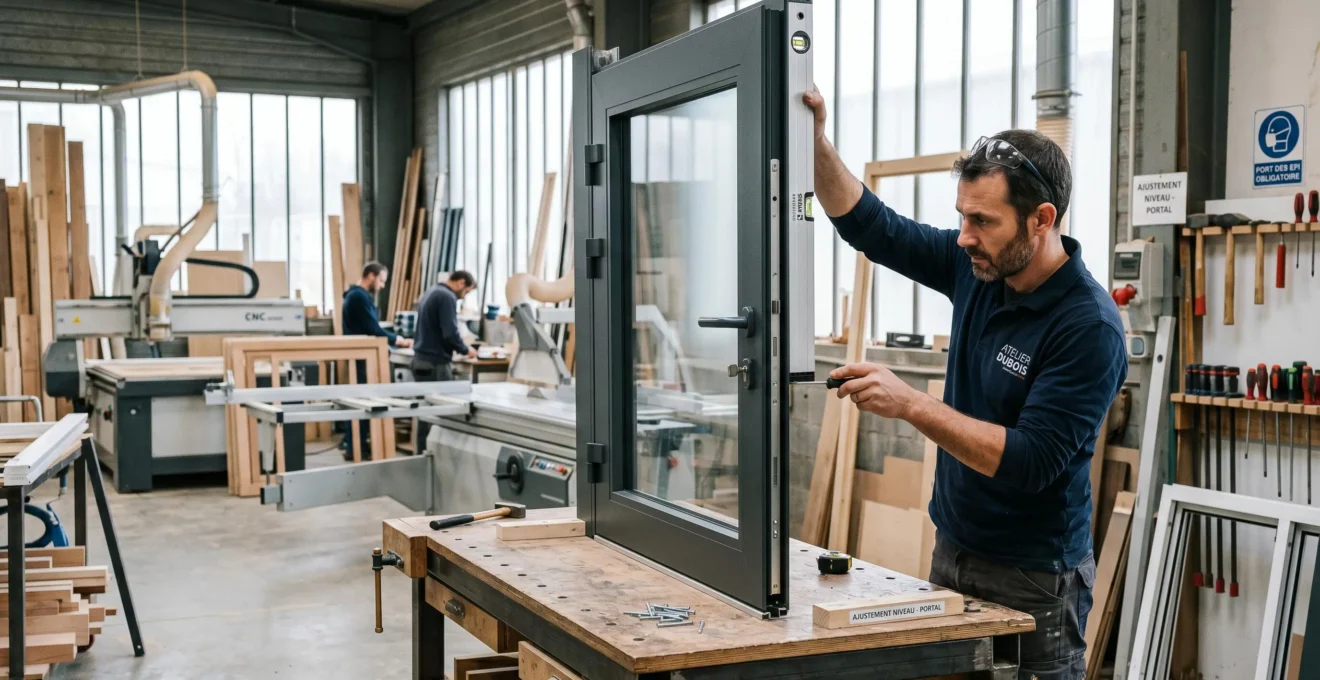 Ouvrier qualifié ajustant la quincaillerie d'une porte d'entrée en aluminium sur mesure dans un atelier moderne de fabrication de menuiserie industrielle, avec machines-outils en arrière-plan et lumière naturelle