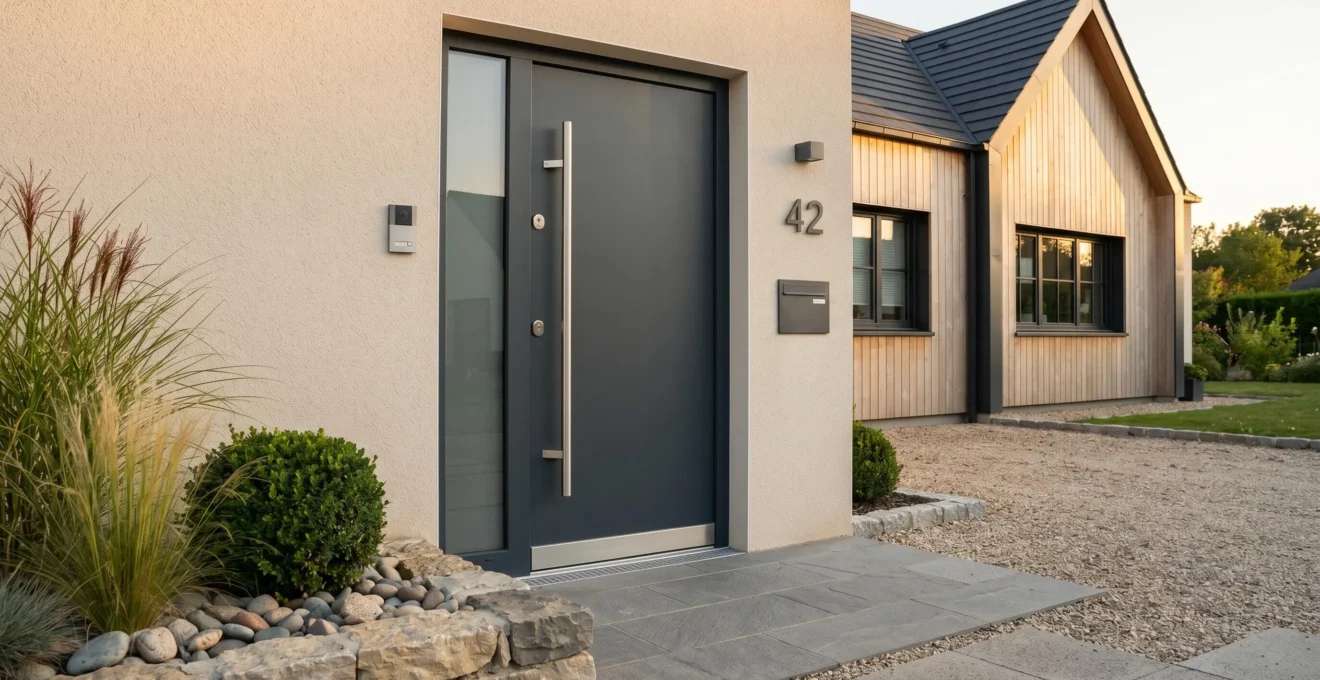 Porte d'entrée contemporaine en aluminium anthracite avec vitrage vertical et quincaillerie design, installée sur façade claire de maison individuelle française moderne