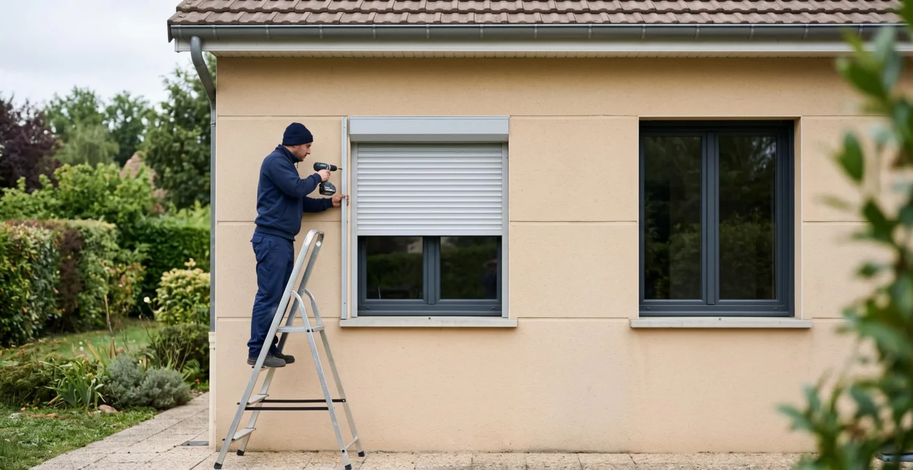 Un installateur règle un volet roulant sur la façade d'une maison française équipée de volets roulants.