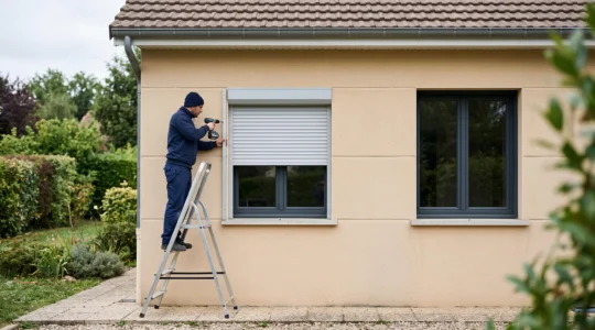 Un installateur règle un volet roulant sur la façade d'une maison française équipée de volets roulants.
