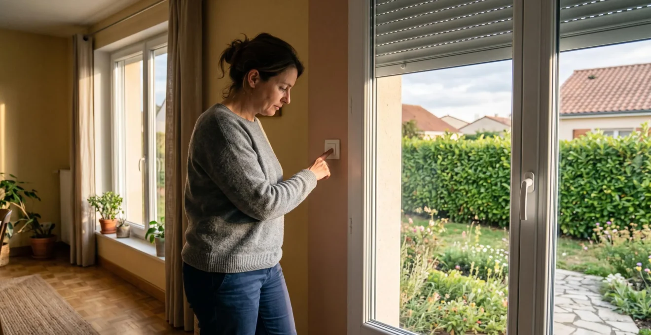 Un propriétaire ferme son volet roulant depuis l'intérieur de sa maison à l'aide d'une commande murale.