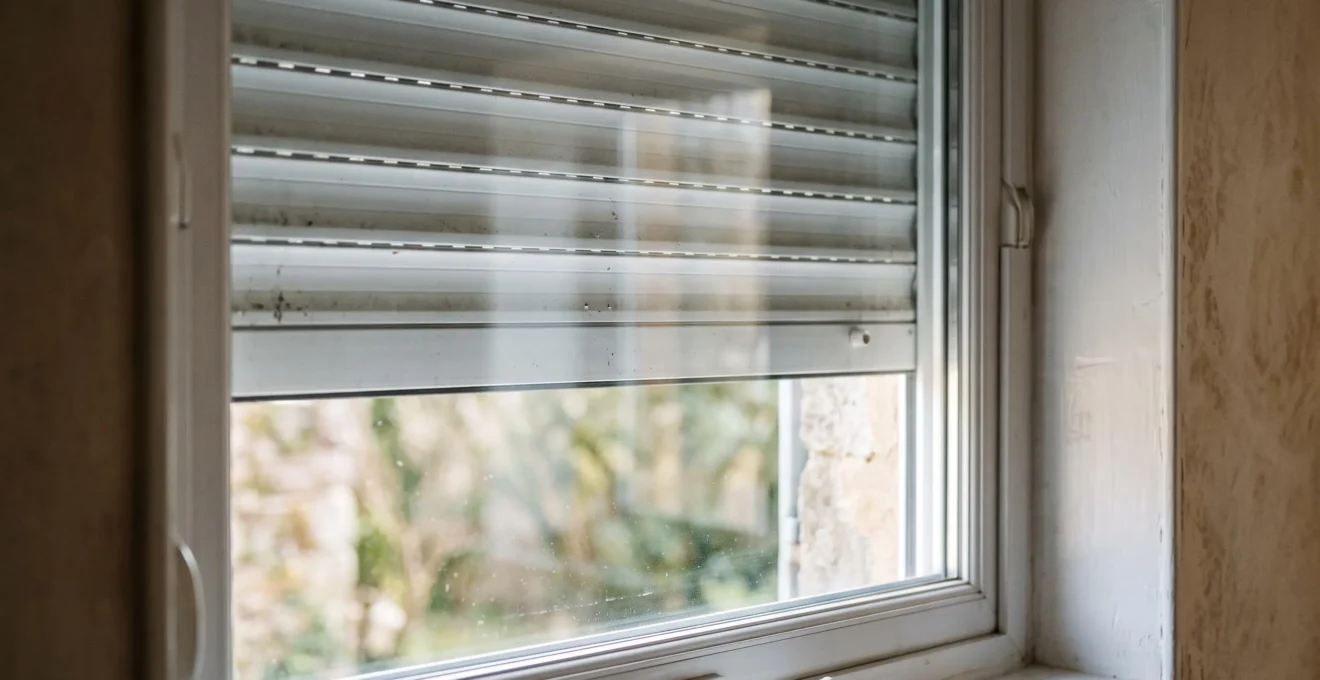 Vue rapprochée d'un volet roulant à moitié baissé à l'intérieur d'une fenêtre, avec une lame d'air visible entre les lames et le vitrage.